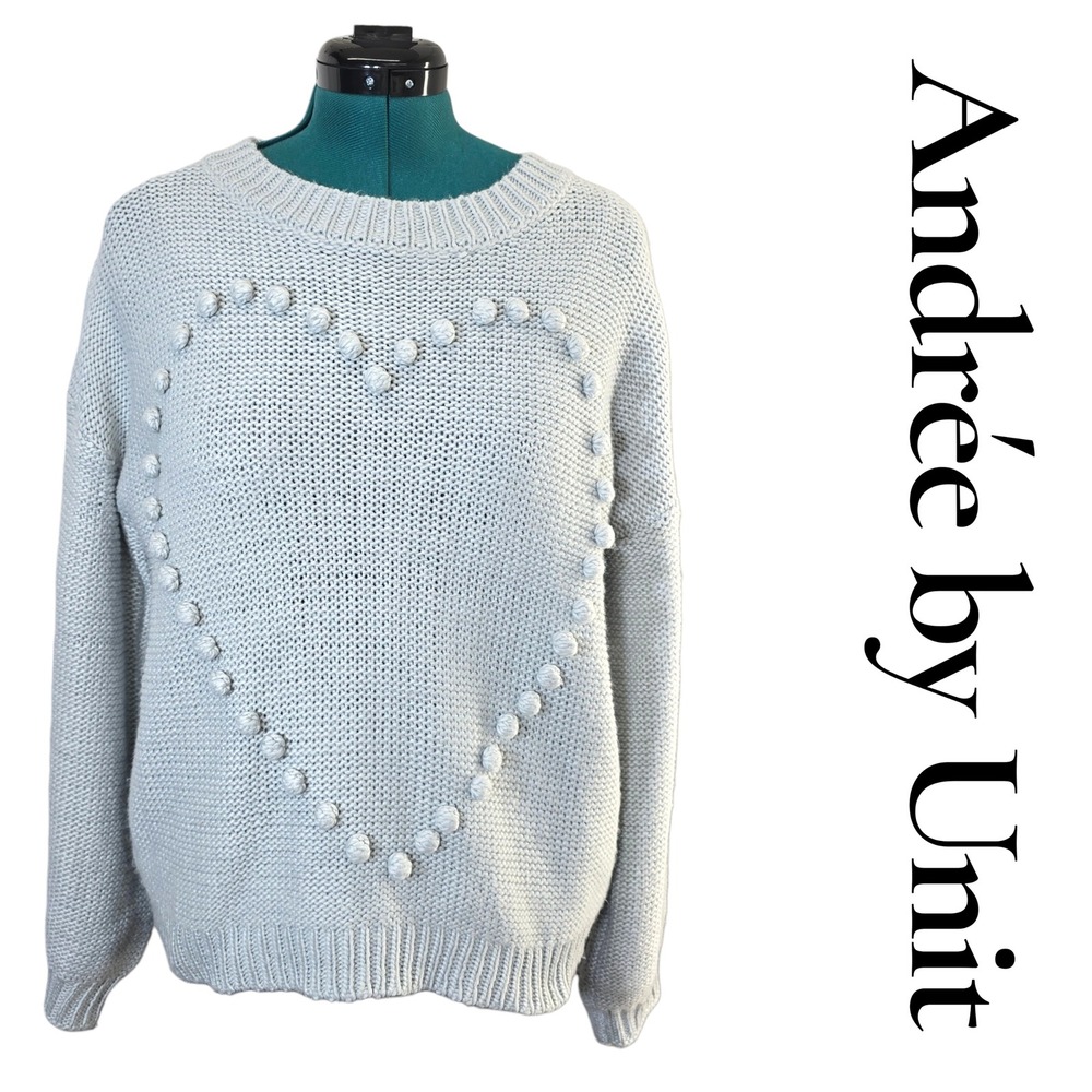 Andree‎ by Unit Light Blue Gray Knit Heart Pom Pom Sweater Size L Heart